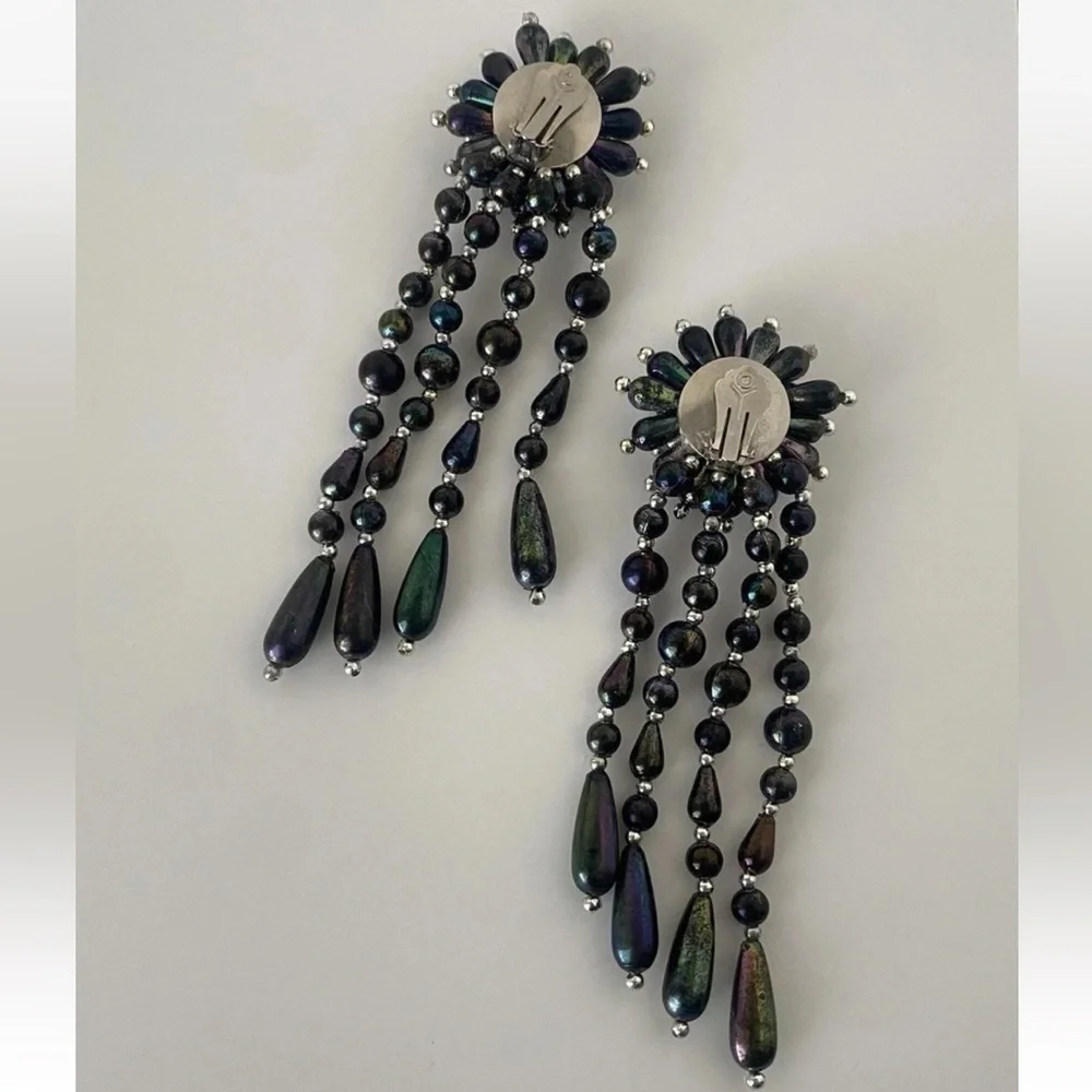 Black iridescent firecracker 1990's Clip On earrings Fantasy Jewelry Vintage